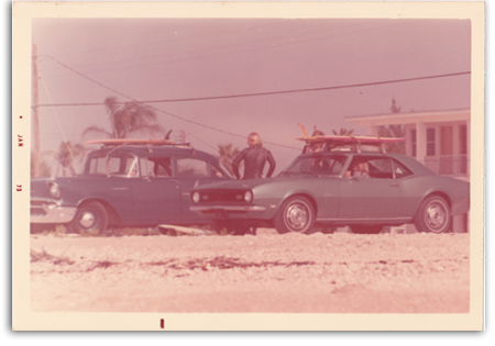 Skip Steele and his friends during a surf check in the early days of pot gigs.