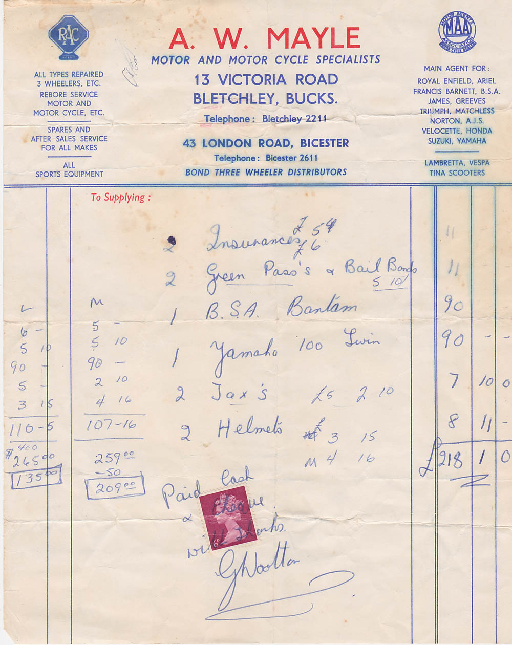 Skip Steele's receipt for the BSA 175