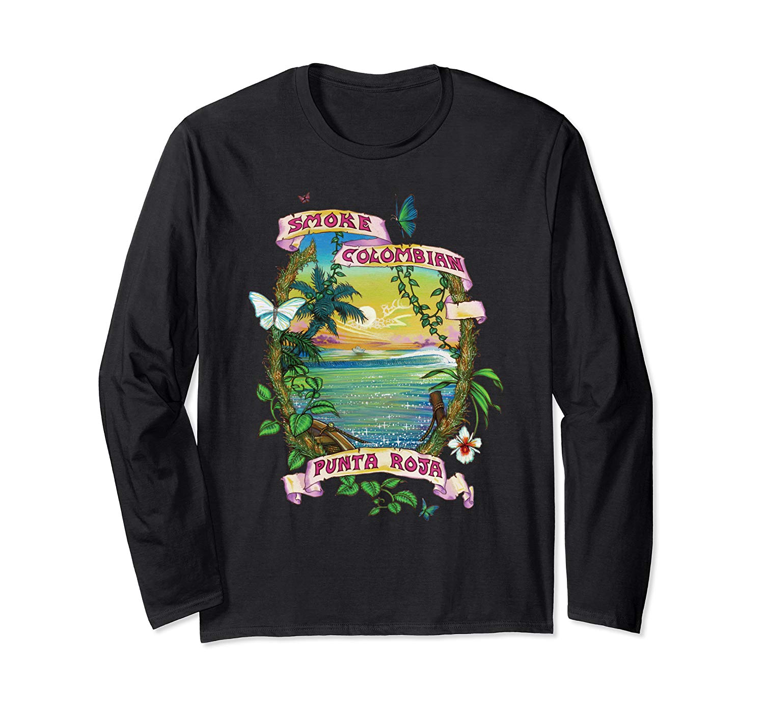 Image of a black colored Smoke Colombian Red Bud Vintage Marijuana Long Sleeve T-shirt from Ganja Outpost