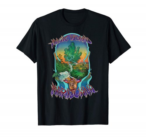 An Image of the black Magic Island Marijuana T-shirt from Ganja Outpost