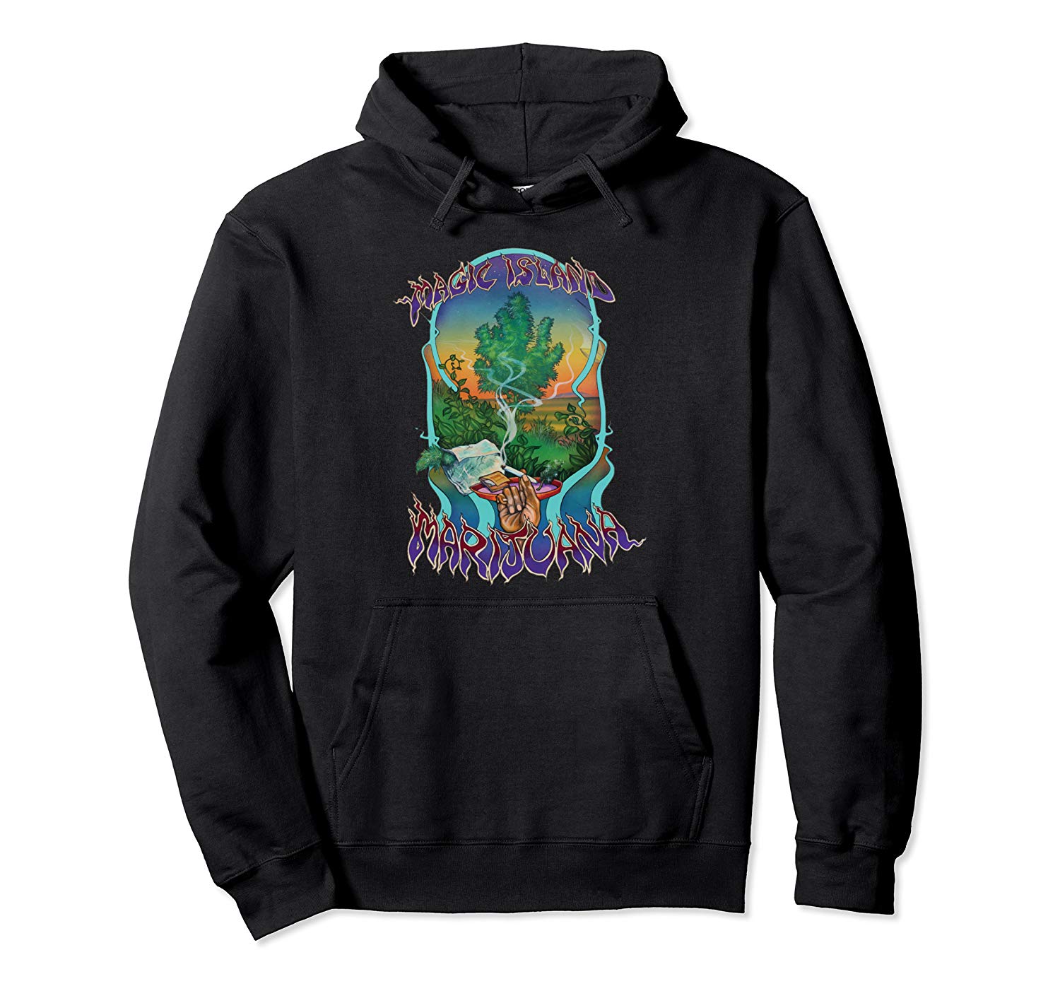 An image of a black magic island marijuana pullover hoodie available at GanjaOutpost.com