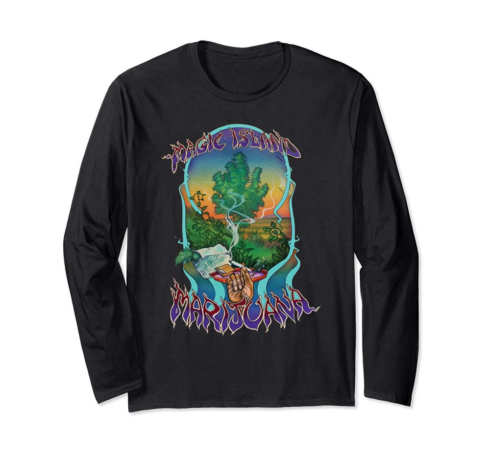 An image of a black magic island marijuana long sleeve from Ganja Outpost.