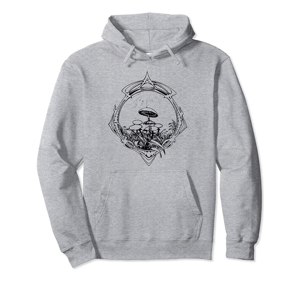 An image of a heather grey vintage magic mushrooms pullove rhoodie from Ganja Outpost.