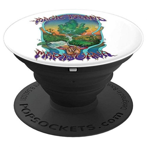 An image of the expanded view of the magic island marijuana vintage retro popsocket from Ganja Outpost.