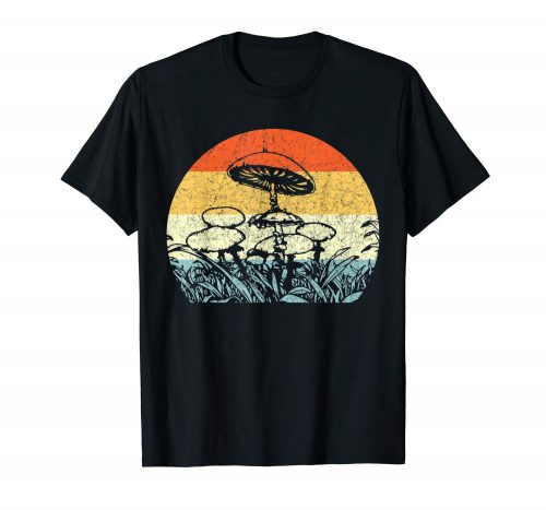 An image of a black retro pschyedelic mushrooms t-shirt exclusively available from Ganja Outpost.