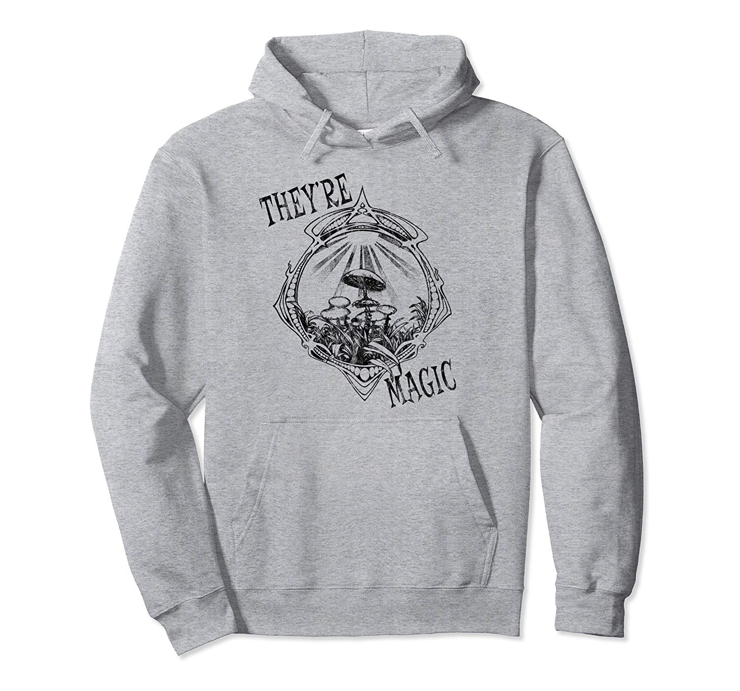 An image of a heather grey They're Magic Mushrooms Pullover Hoodie available exclusively from Ganja Outpost.