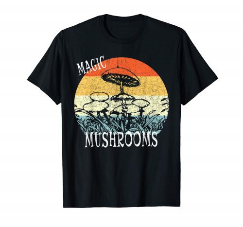 An image of a black retro style magic mushrooms t-shirt exclusively available from Ganja Outpost.