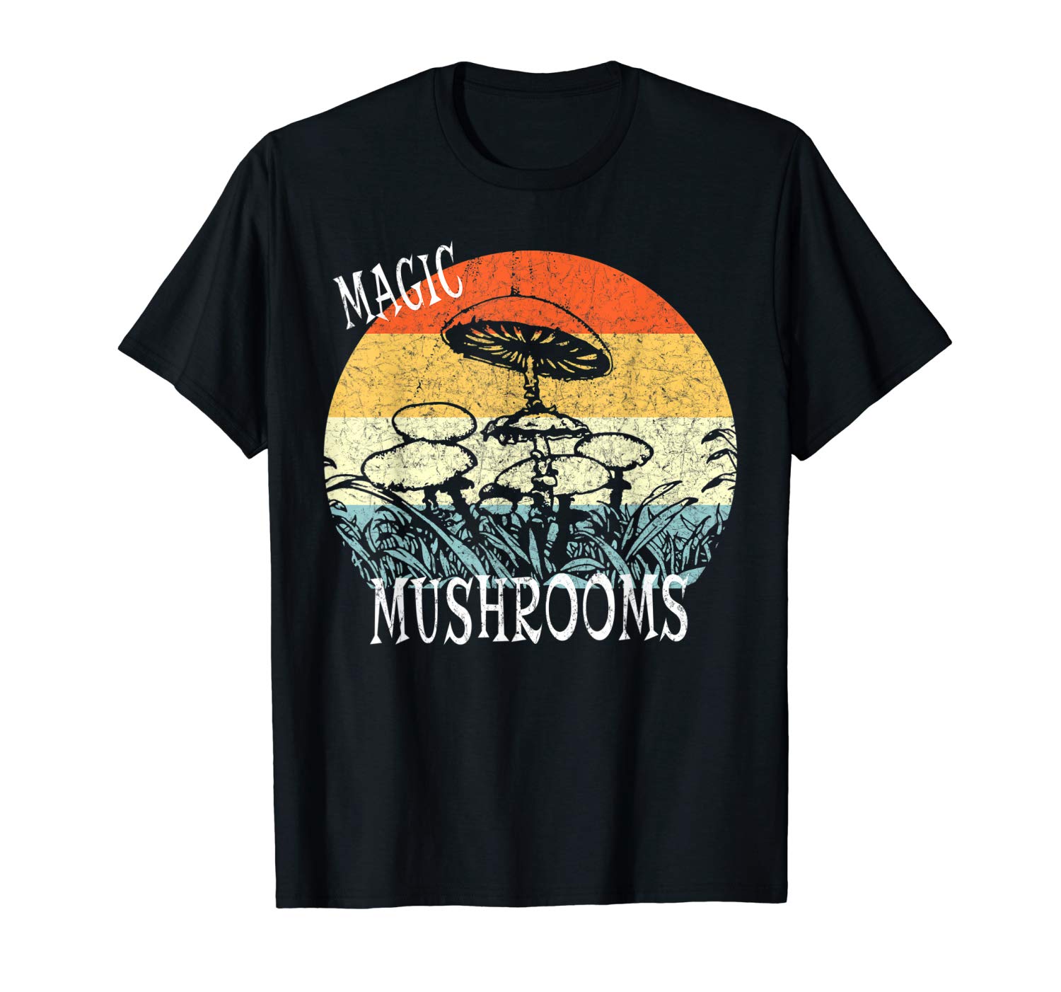 An image of a black retro style magic mushrooms t-shirt exclusively available from Ganja Outpost.