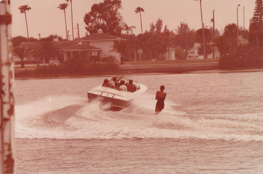 An image of pot smuggler skip steele and his friends water skiing in early  1970's